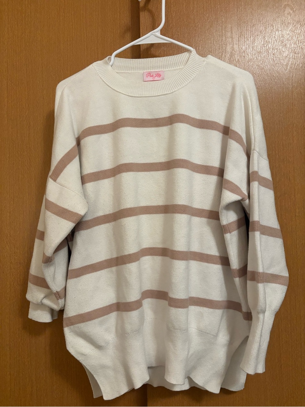 Pink Lily Cream Crewneck Sweater with Taupe Stripes